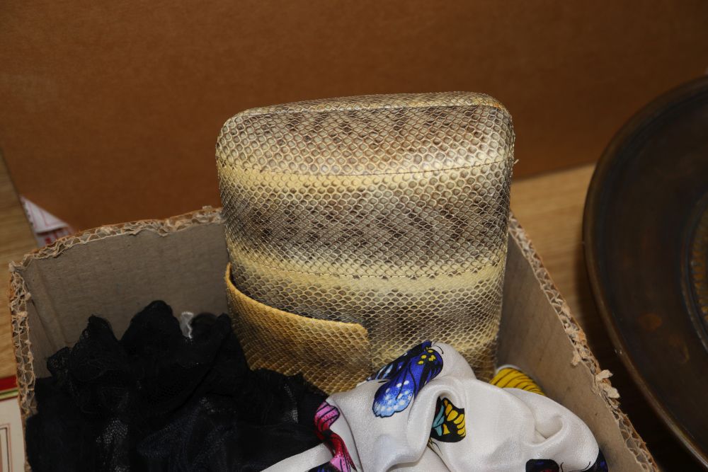 A Black Chantilly lace cape, various bobbin lace collars, a silk scarf and a snakeskin bag